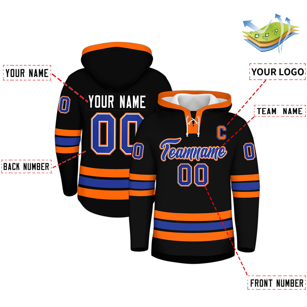 Custom Hockey Hoodie Jersey Black Orange Classic Style for Men&amp;Youth