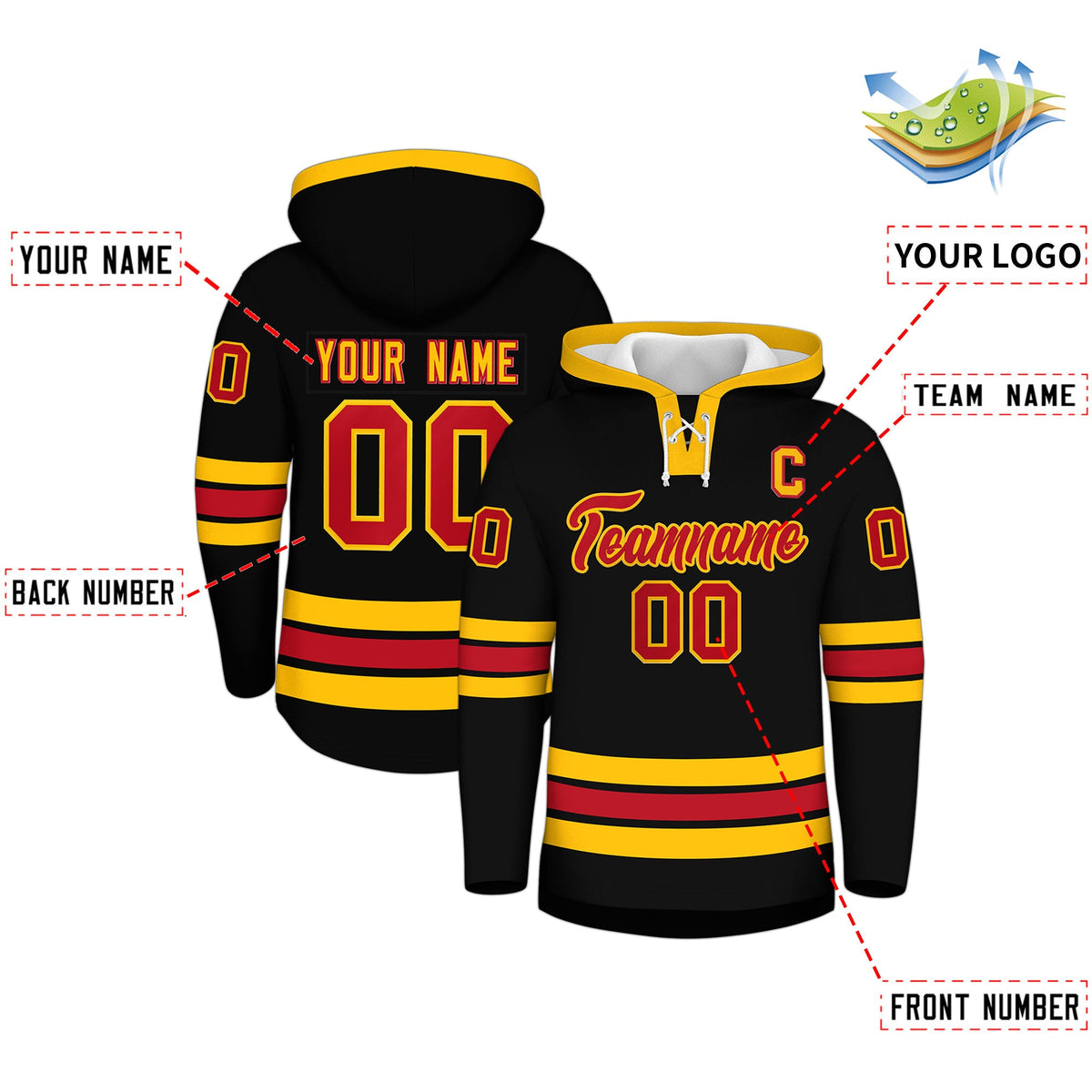 Custom Hockey Hoodie Jersey Black Red Classic Style Add Name,Number&amp;Logo