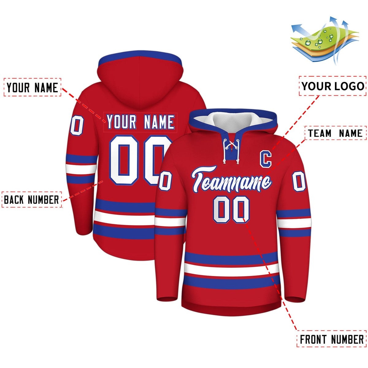 Custom Hockey Hoodie Jersey Red Royal Blue Classic Style Add Name,Number&amp;Logo