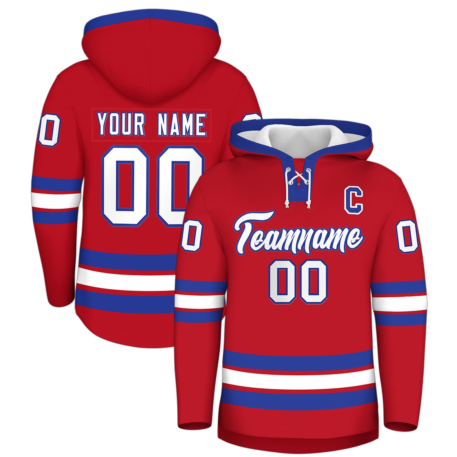 Custom Hockey Hoodie Jersey Red Royal Blue Classic Style Add Name,Number&Logo