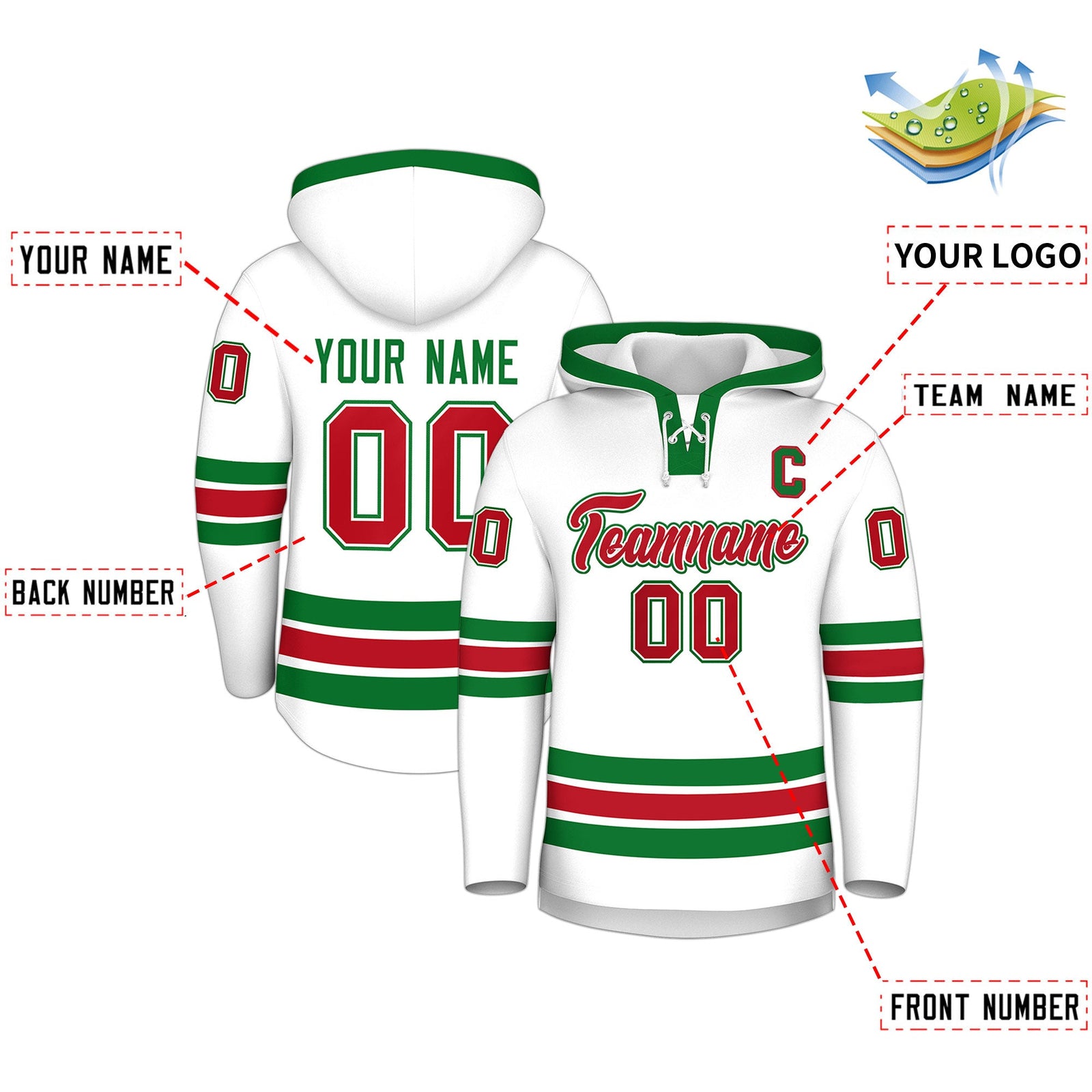 Custom Hockey Hoodie Jersey White Kelly Green Classic Style Add Name,Number&Logo