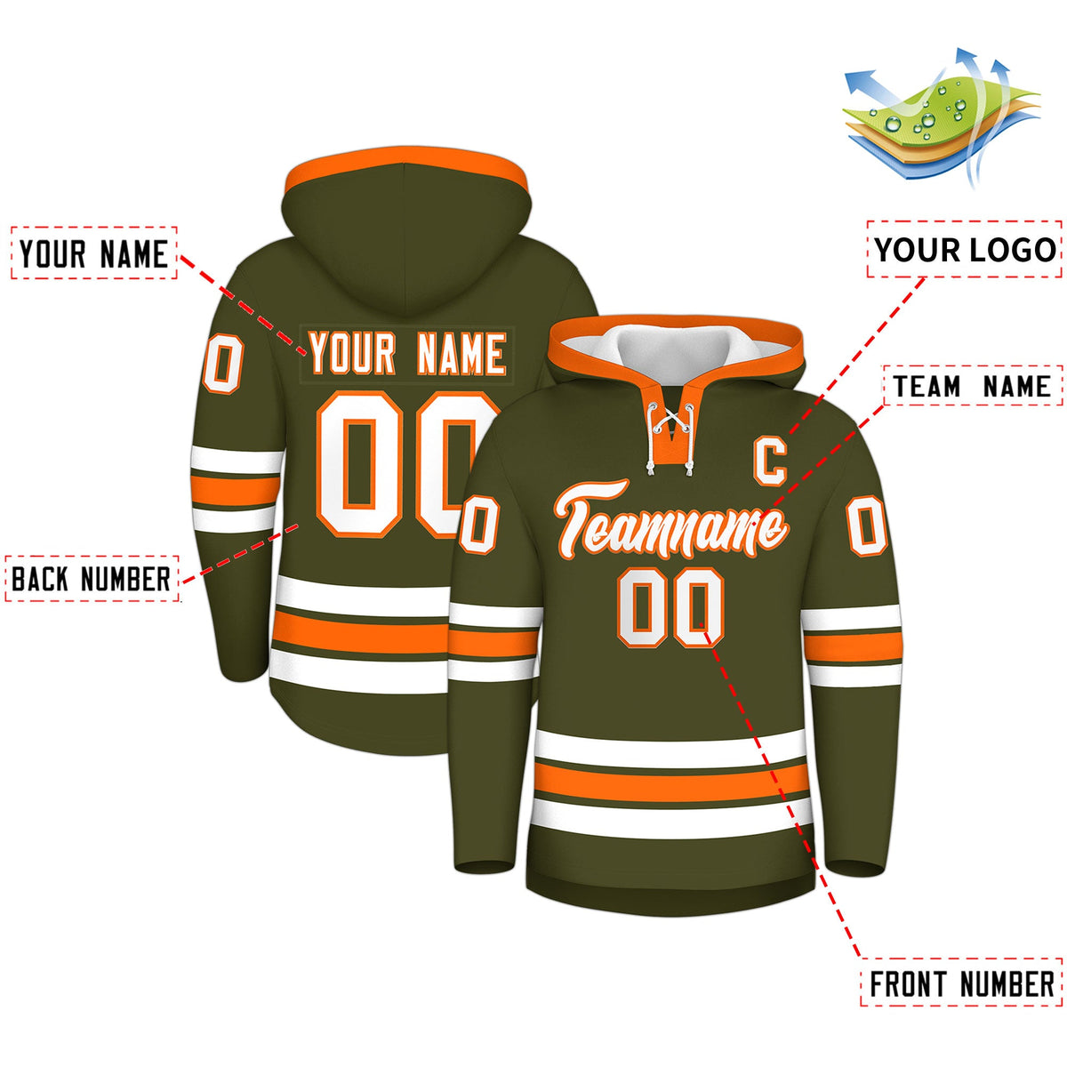 Custom Hockey Hoodie Jersey Olive Orange Classic Style for Men&amp;Youth
