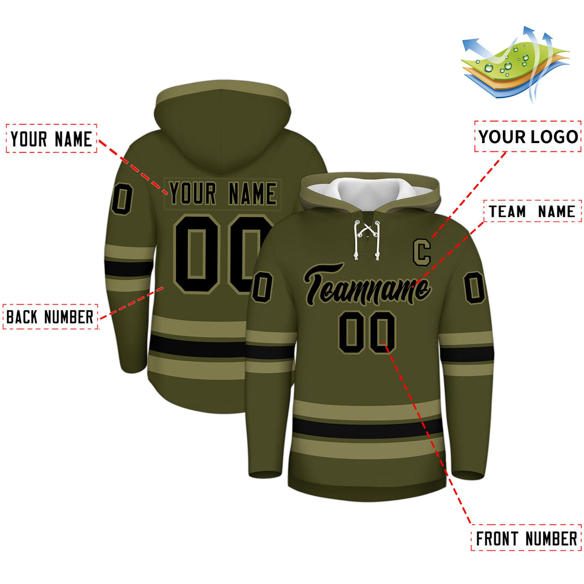 Custom Hockey Hoodie Jersey Olive Black Classic Style Add Name,Number &amp; Logo