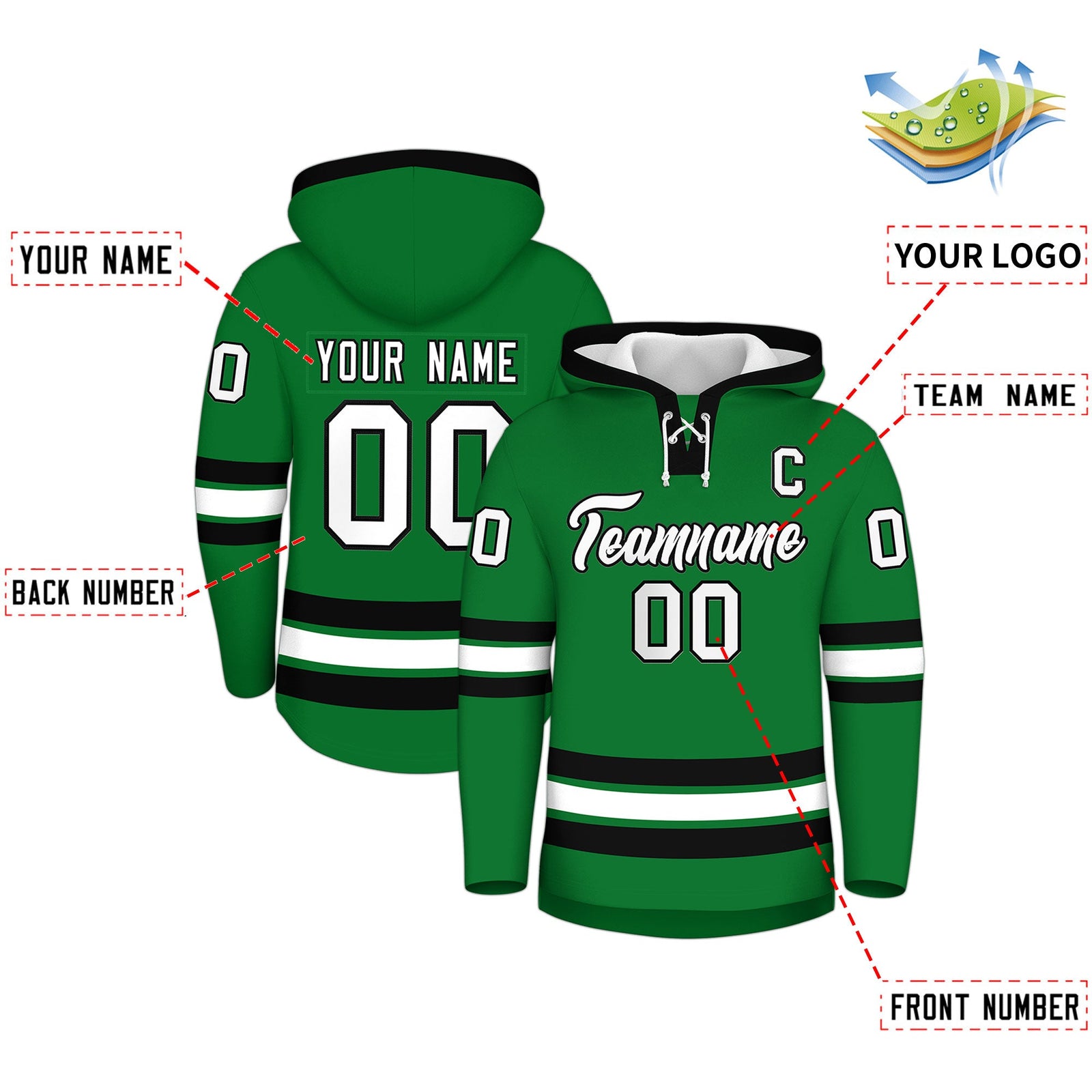 Custom Hockey Hoodie Jersey Kelly Green Black Classic Style for Men&Youth