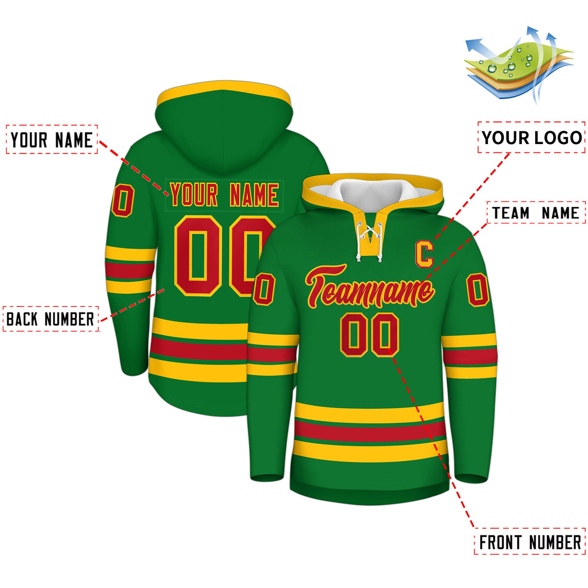 Custom Hockey Hoodie Jersey Kelly Green Red Classic Style Add Name,Number&amp;Logo