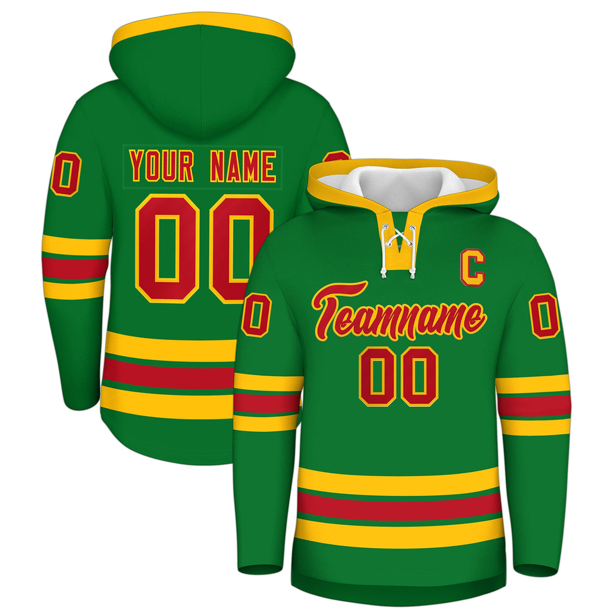 Custom Hockey Hoodie Jersey Kelly Green Red Classic Style Add Name,Number&amp;Logo