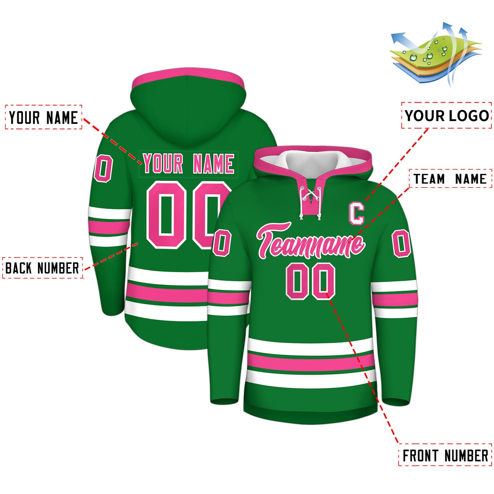 Custom Hockey Hoodie Jersey Kelly Green Pink Classic Style for Men&Youth