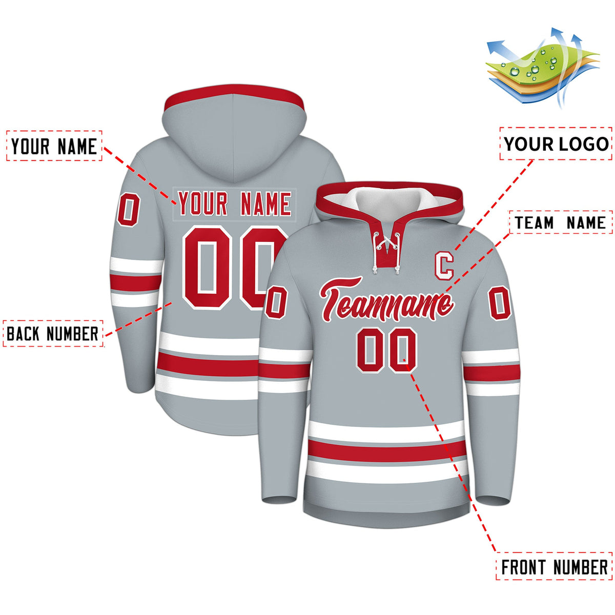 Custom Hockey Hoodie Jersey Silver Red Classic Style for Men&amp;Youth