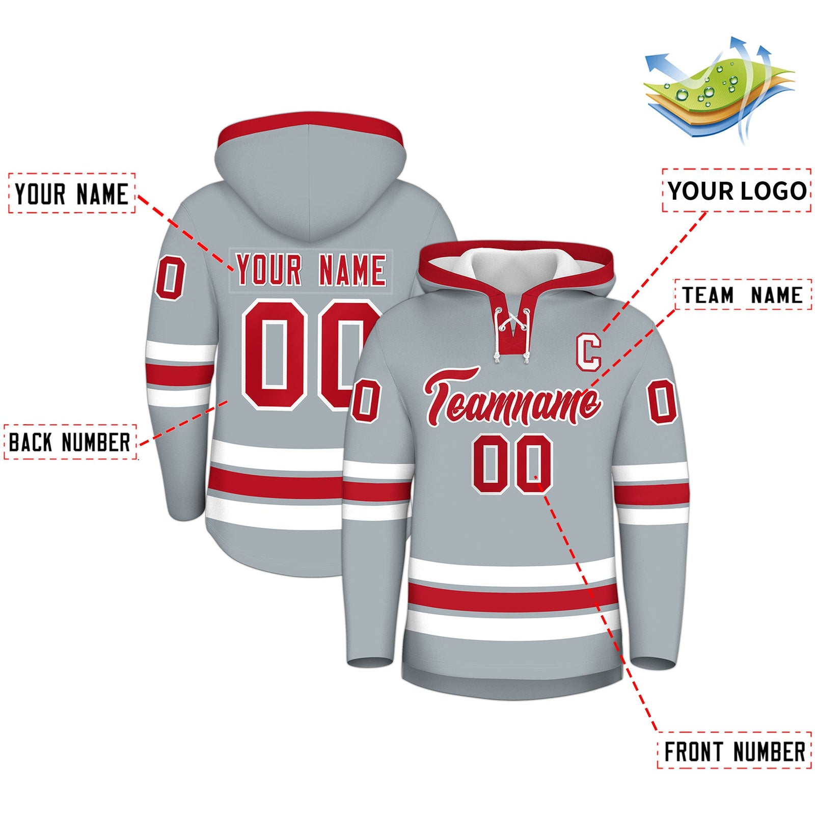 Custom Hockey Hoodie Jersey Silver Red Classic Style for Men&Youth