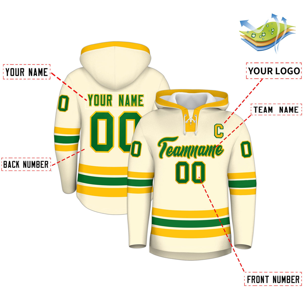 Custom Hockey Hoodie Jersey Cream Kelly Green Classic Style Add Name,Number&amp;Logo