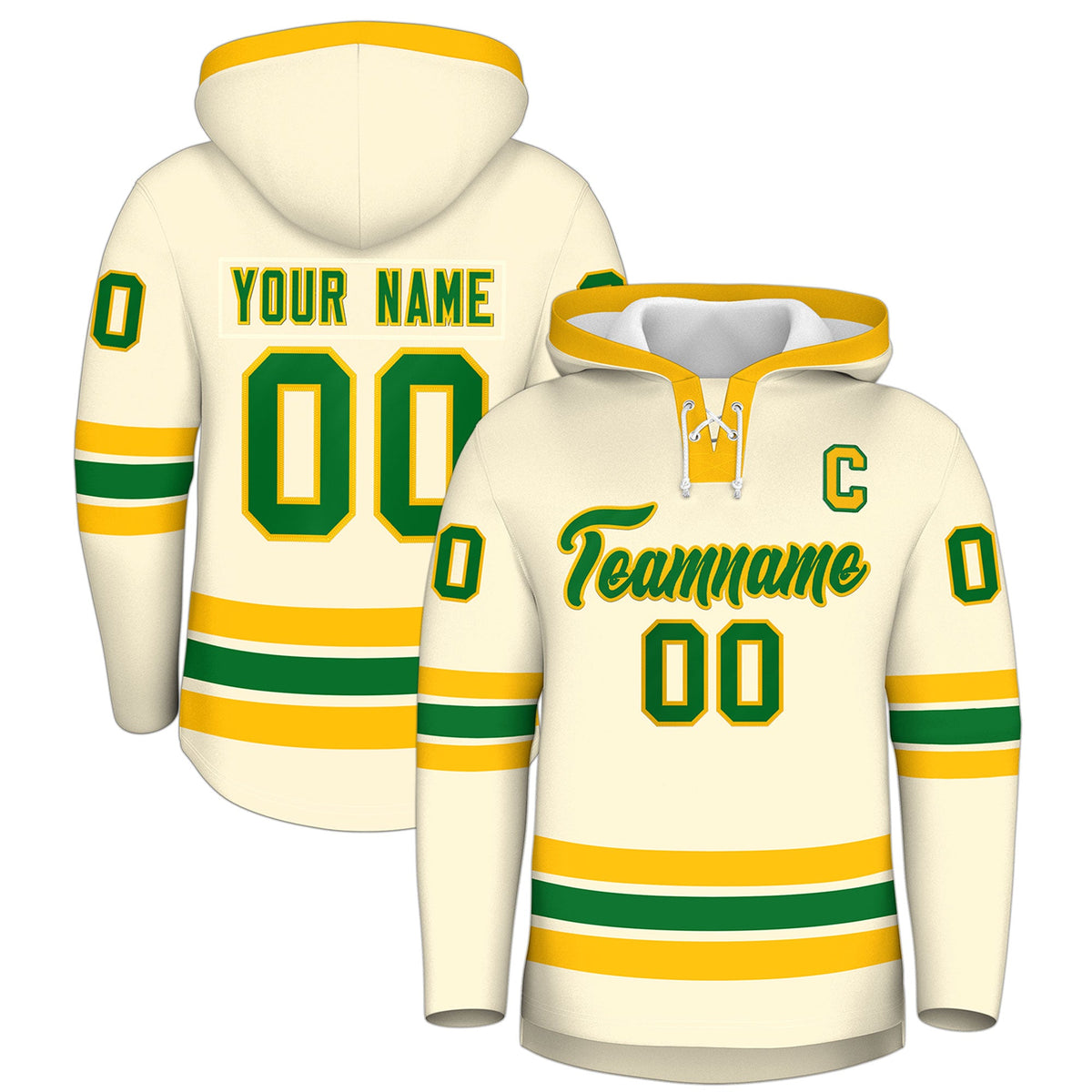 Custom Hockey Hoodie Jersey Cream Kelly Green Classic Style Add Name,Number&amp;Logo