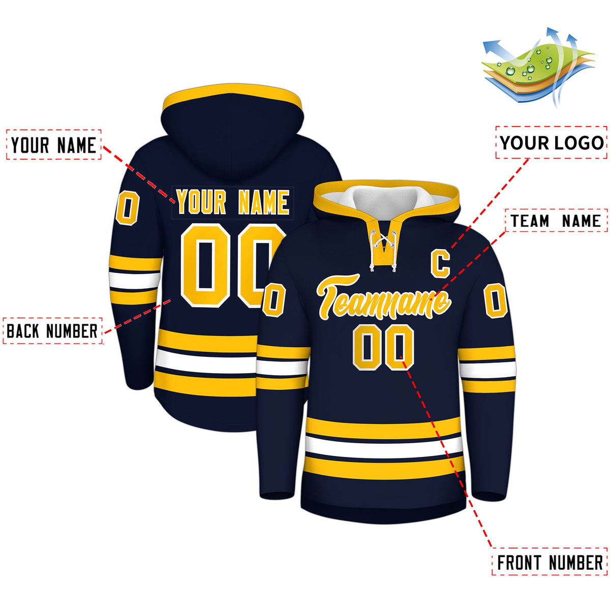 Custom Hockey Hoodie Jersey Navy White Classic Style Add Name,Number &amp; Logo