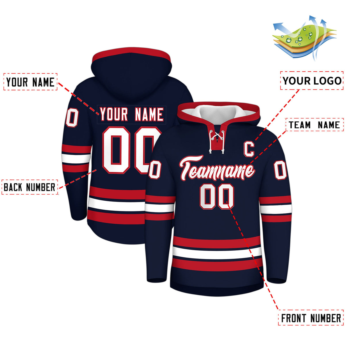 Custom Hockey Hoodie Jersey Navy Red Classic Style for Men&amp;Youth
