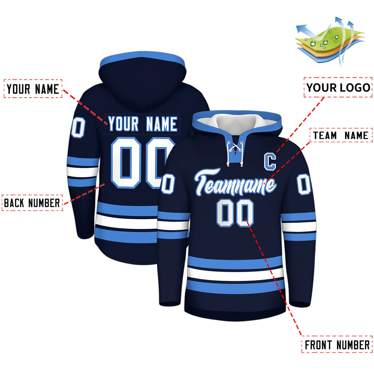 Custom Hockey Hoodie Jersey Navy Powder Blue Classic Style for Men&amp;Youth