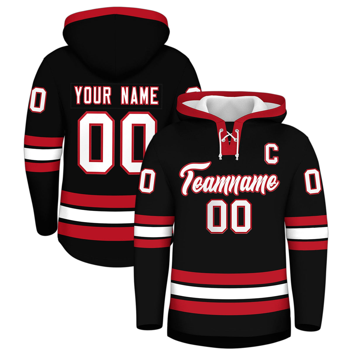Custom Hockey Hoodie Jersey Black Red Classic Style Add Name,Number&amp;Logo