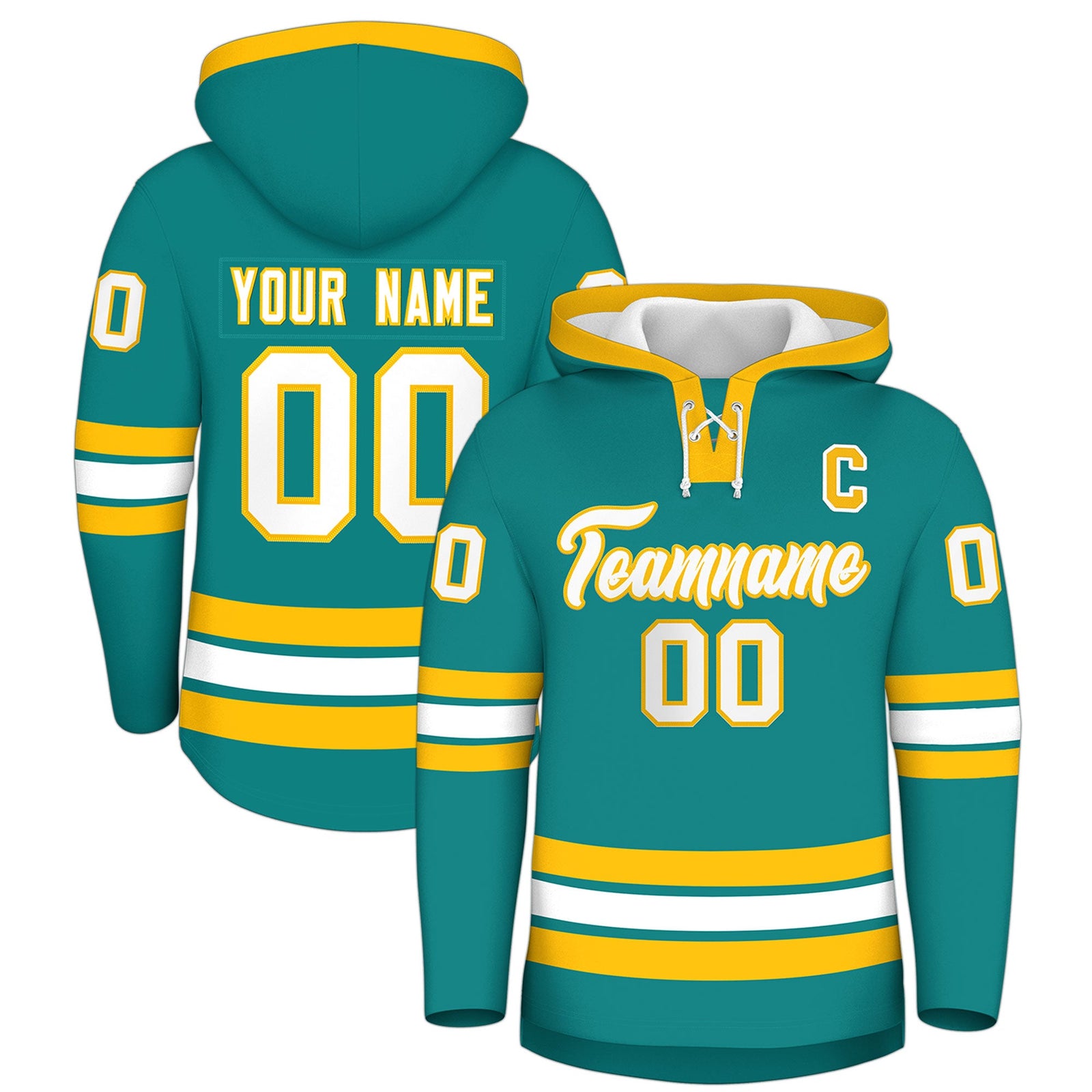 Custom Hockey Hoodie Jersey Teal Gold Classic Style Add Name,Number & Logo