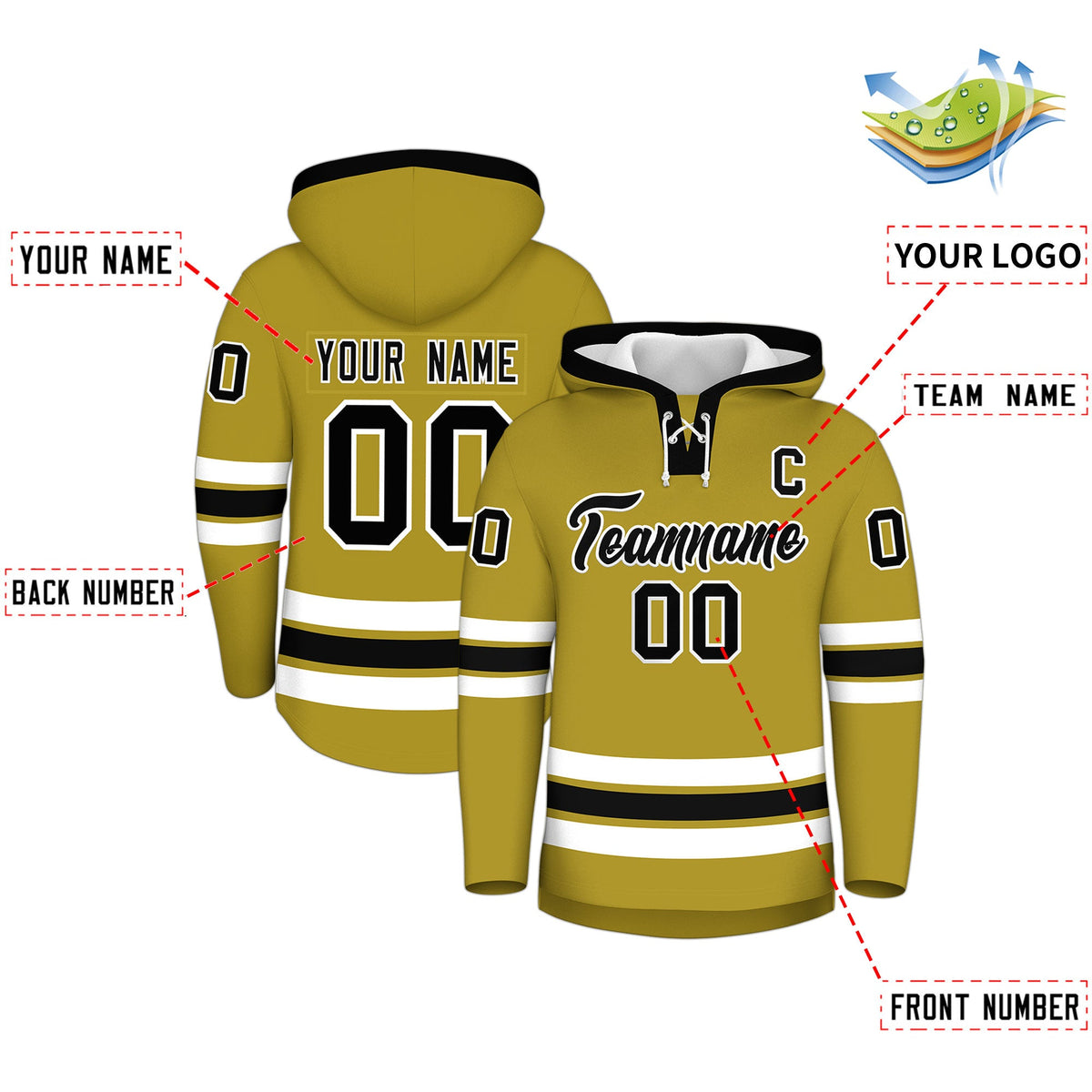 Custom Hockey Hoodie Jersey Old Gold Black Classic Style for Men&amp;Youth