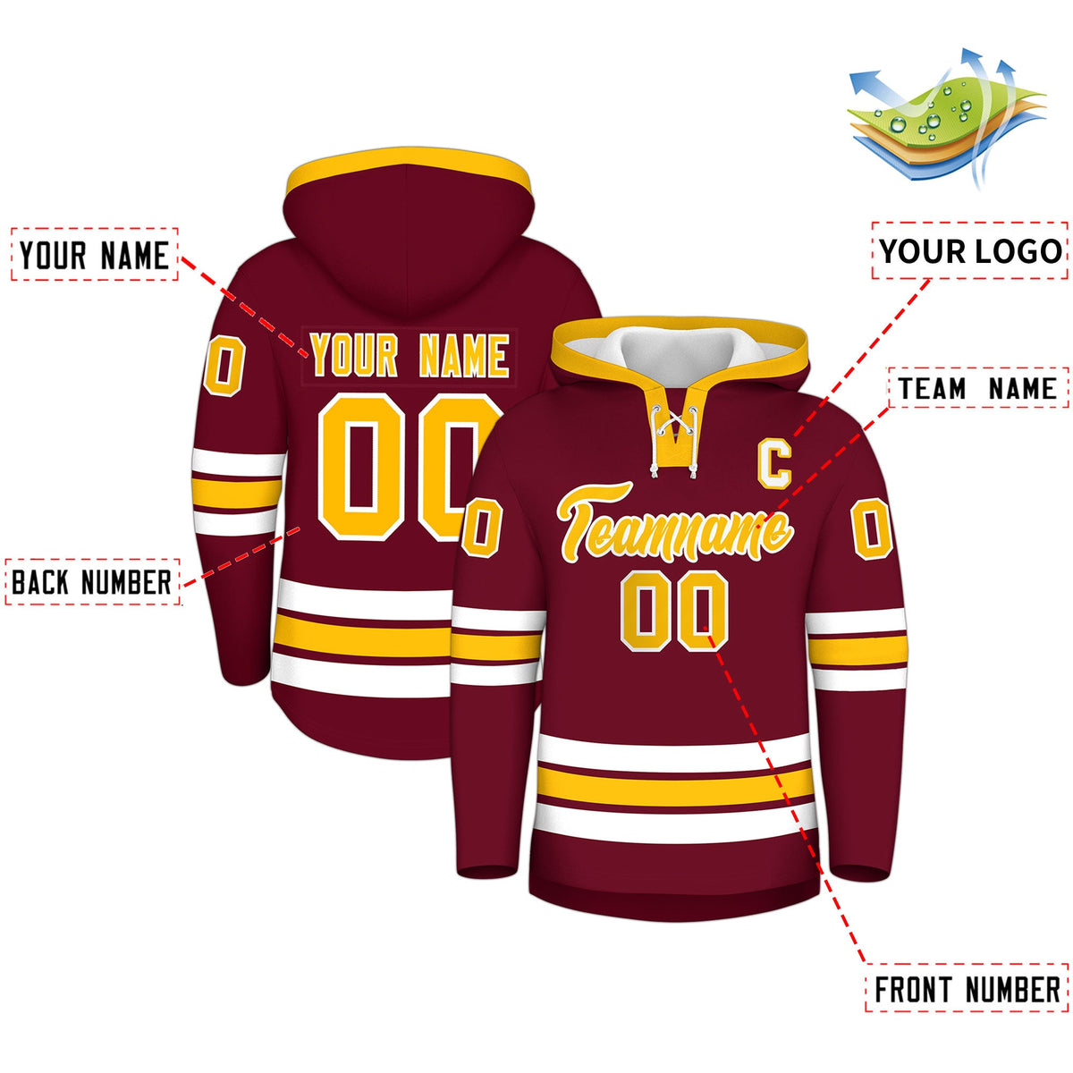 Custom Hockey Hoodie Jersey Crimson Gold Classic Style Add Name,Number&amp;Logo