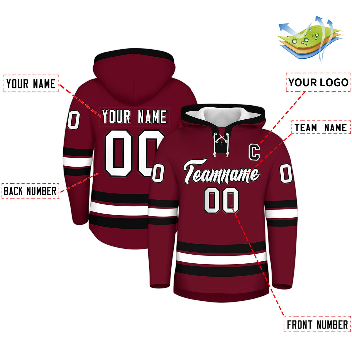 Custom Hockey Hoodie Jersey Crimson Black Classic Style Add Name,Number&amp;Logo