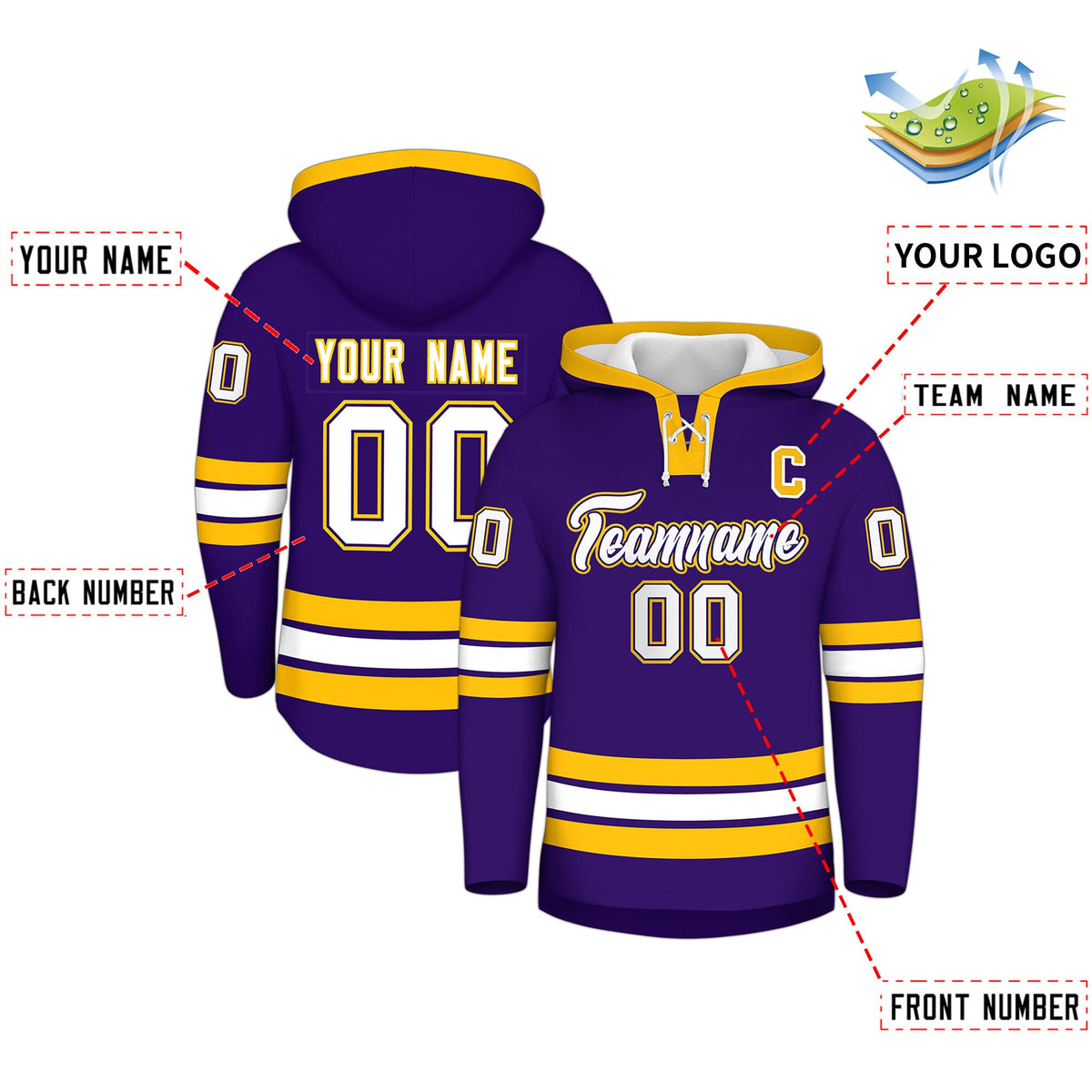 Custom Hockey Hoodie Jersey Purple Gold Classic Style for Men&amp;Youth