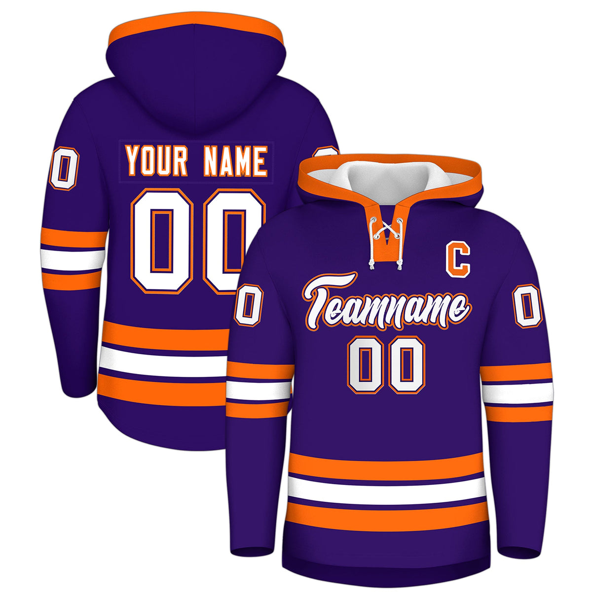 Custom Hockey Hoodie Jersey Purple Orange Classic Style Add Name,Number&amp;Logo