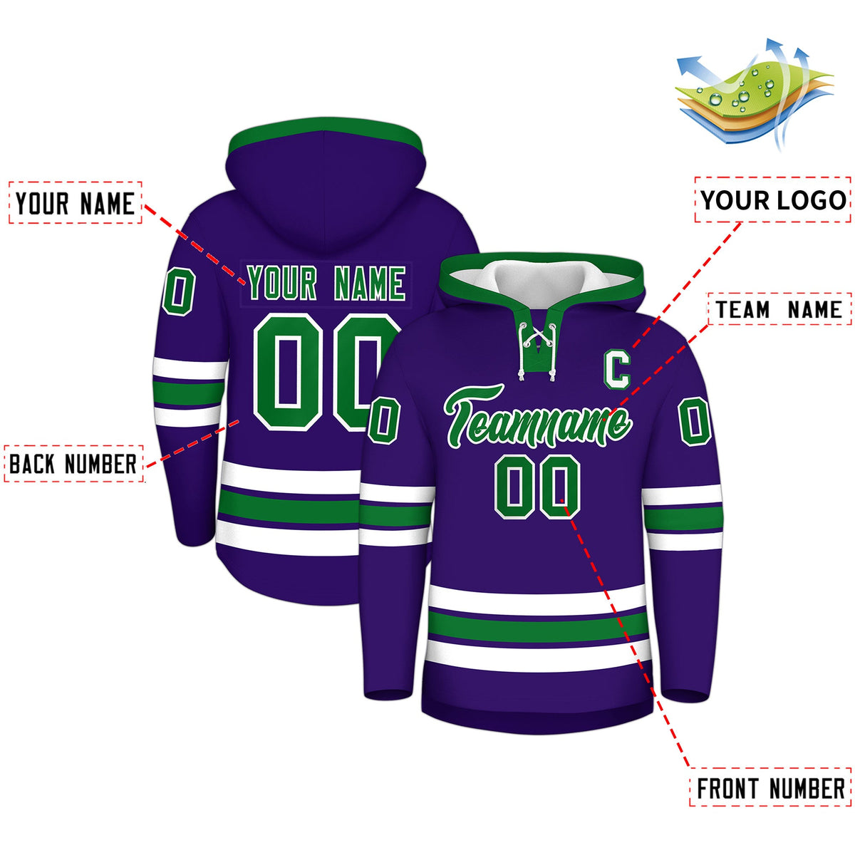 Custom Hockey Hoodie Jersey Purple Kelly Green Classic Style for Men&amp;Youth