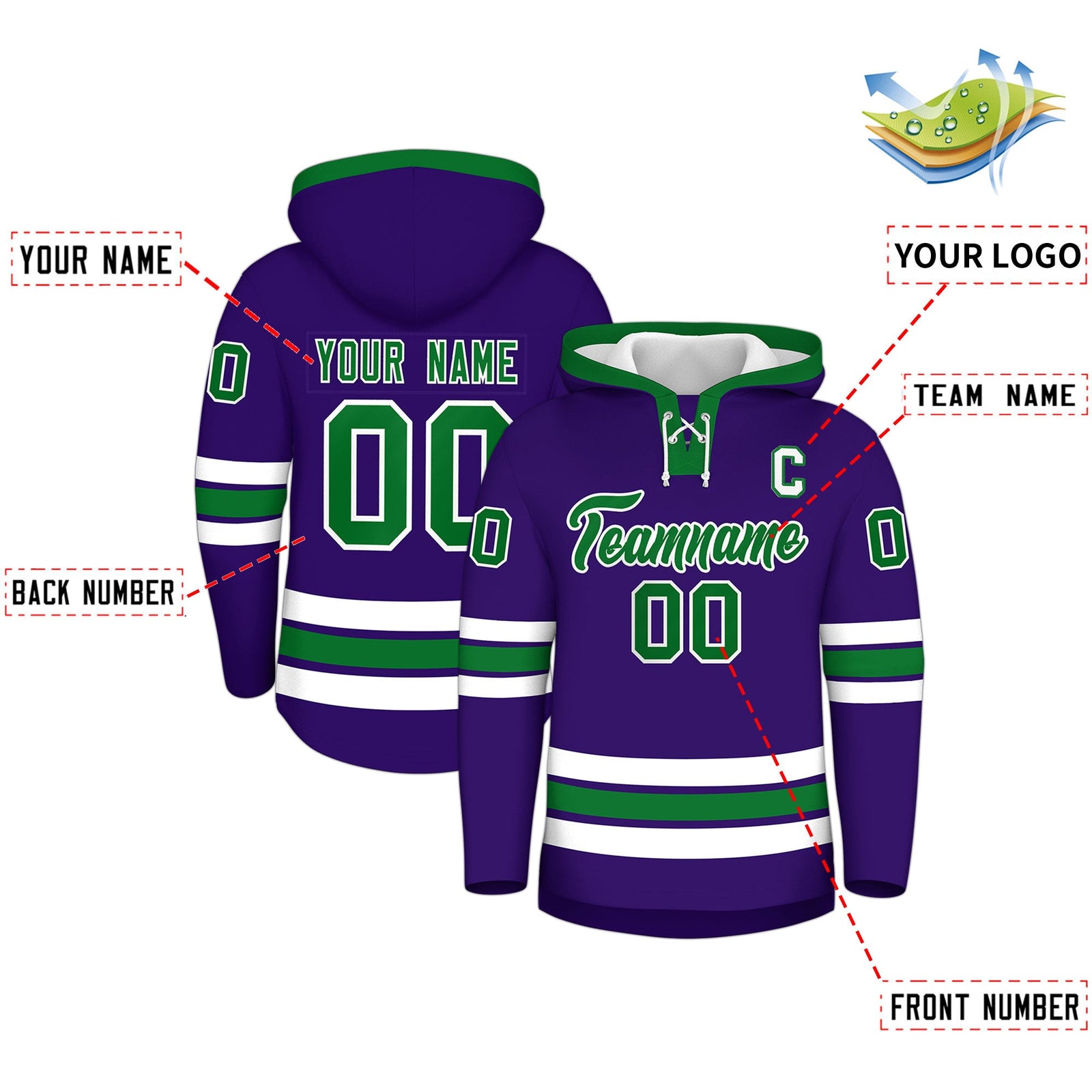 Custom Hockey Hoodie Jersey Purple Kelly Green Classic Style for Men&Youth