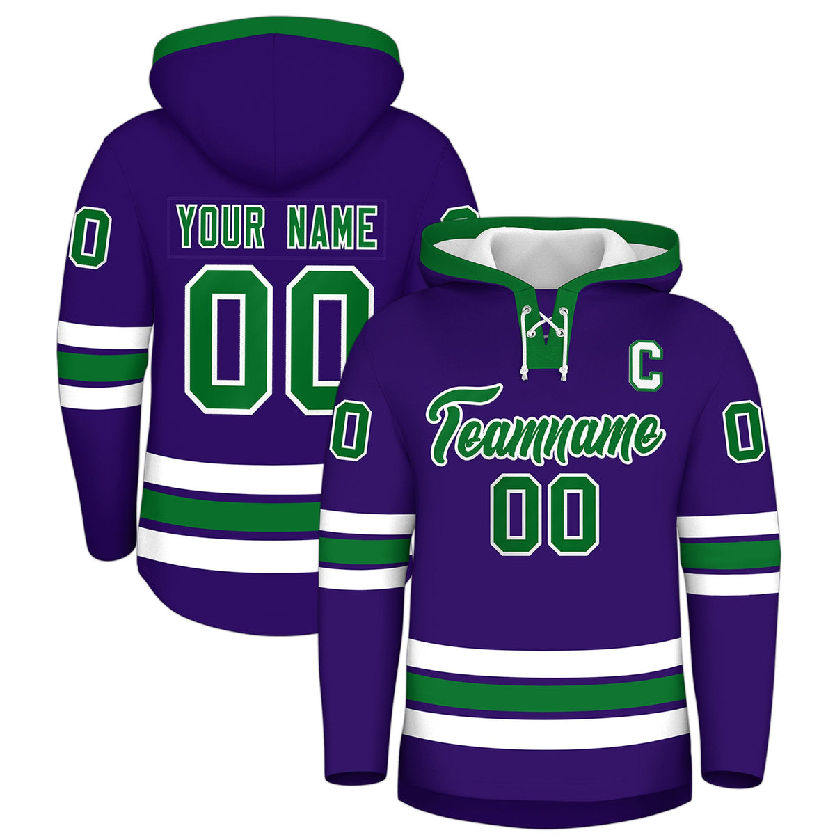 Custom Hockey Hoodie Jersey Purple Kelly Green Classic Style for Men&amp;Youth