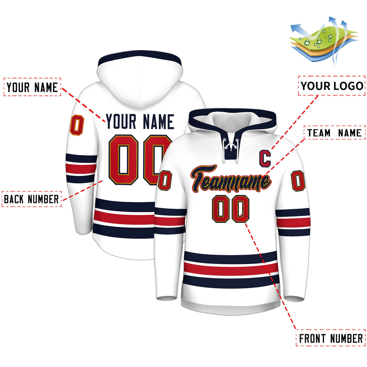 Custom Hockey Hoodie Jersey White Navy Classic Style Add Name,Number &amp; Logo
