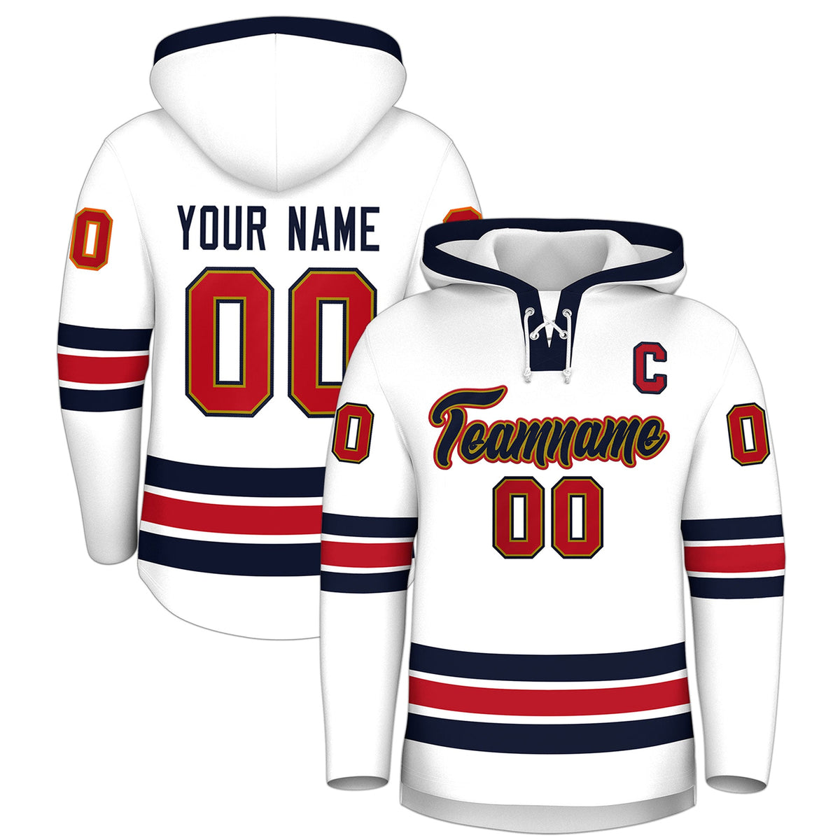 Custom Hockey Hoodie Jersey White Navy Classic Style Add Name,Number &amp; Logo