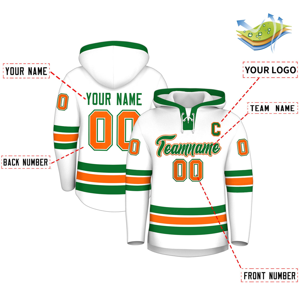 Custom Hockey Hoodie Jersey White Kelly Green Classic Style for Men&amp;Youth
