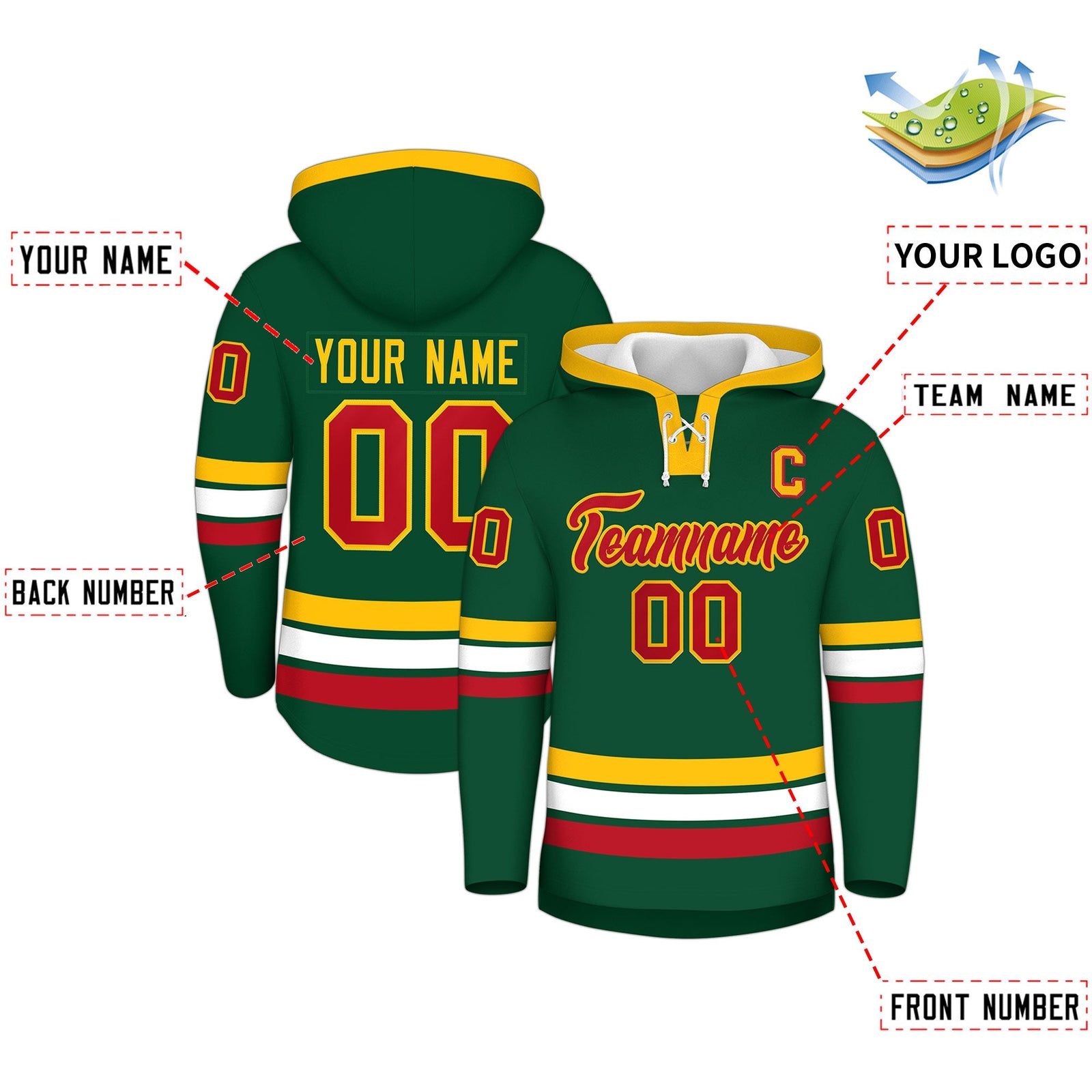 Custom Hockey Hoodie Jersey Dark Green Gold Classic Style Add Name,Number & Logo