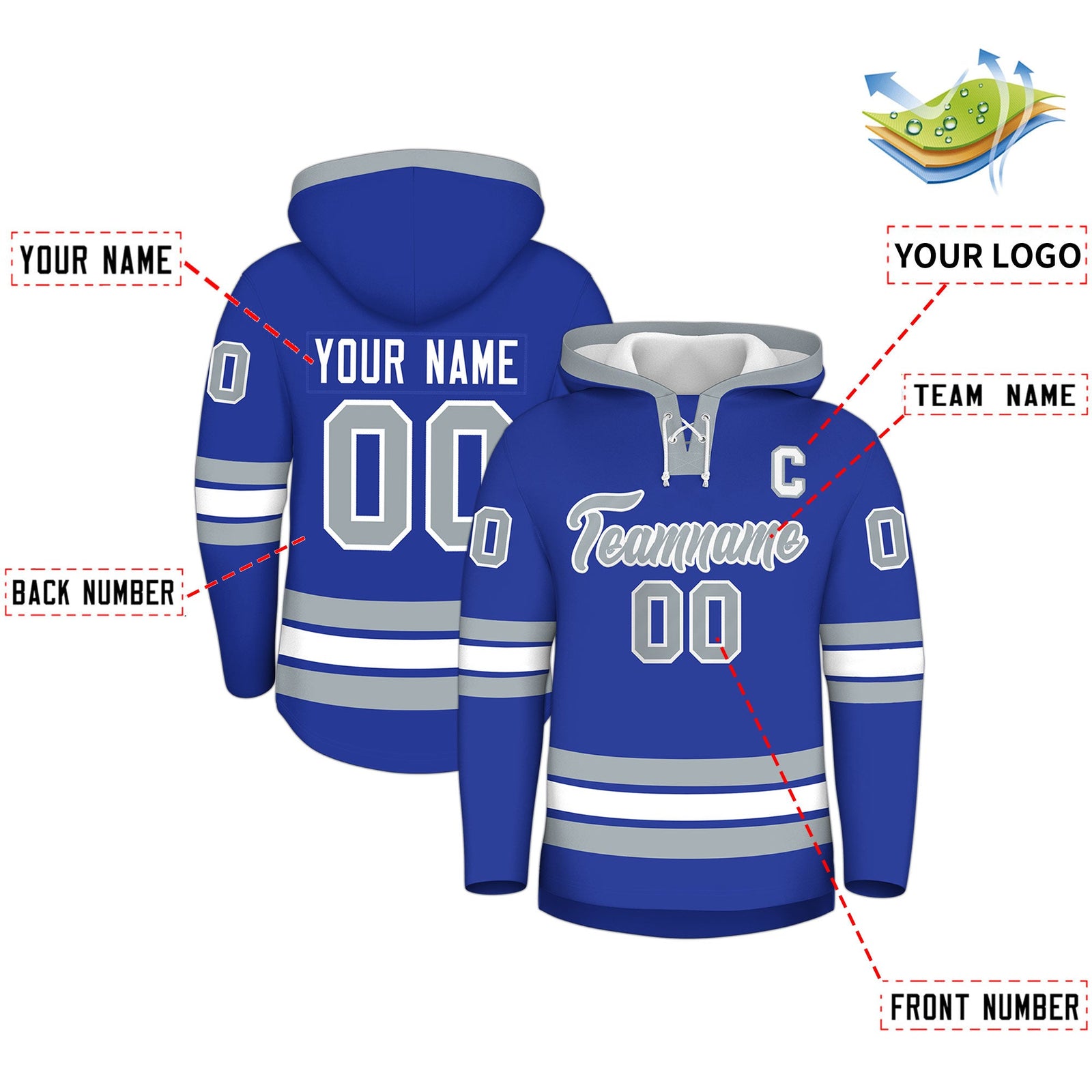 Custom Hockey Hoodie Jersey Royal Blue Silver Classic Style for Men&Youth