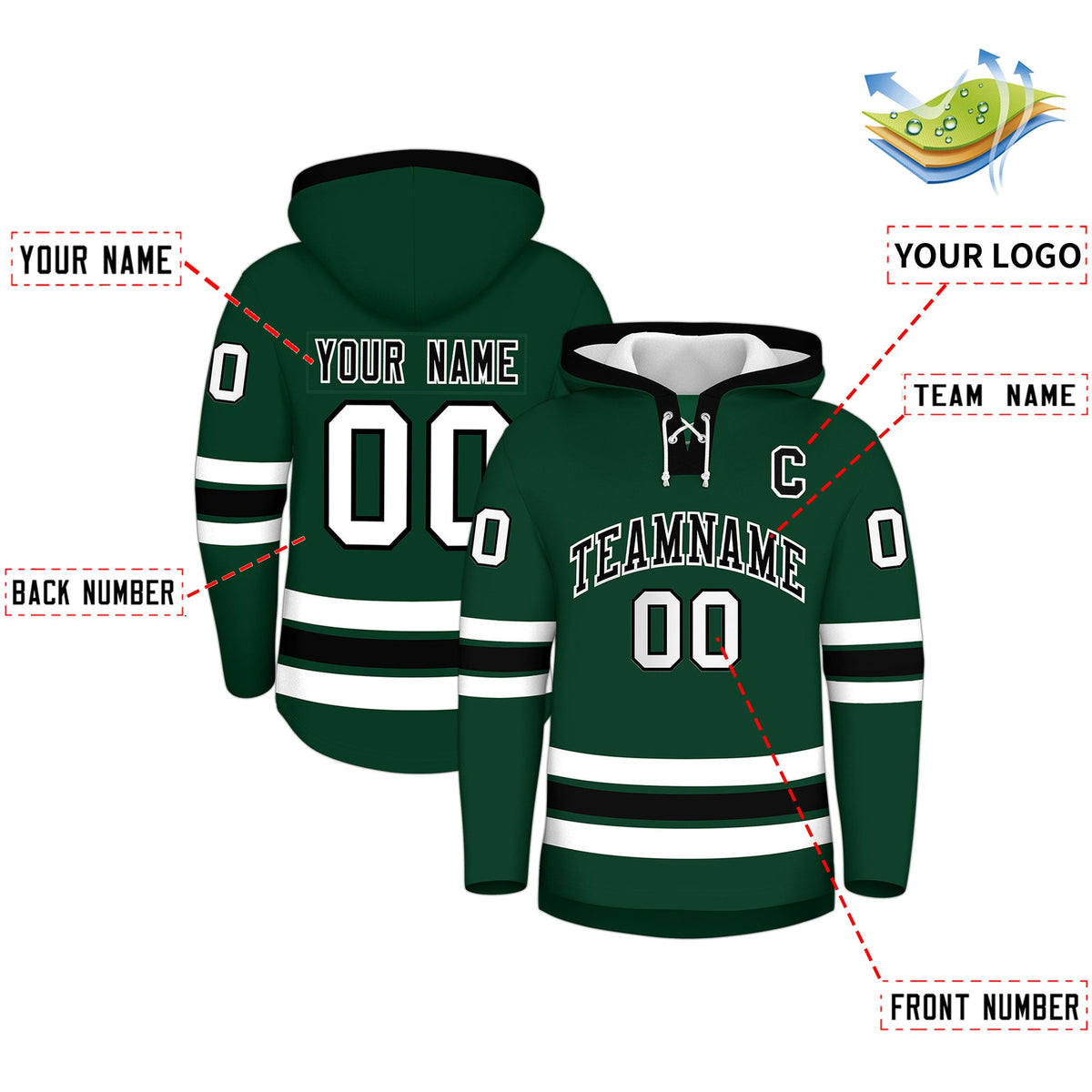 Custom Hockey Hoodie Jersey Dark Green Black Classic Style for Men&amp;Youth