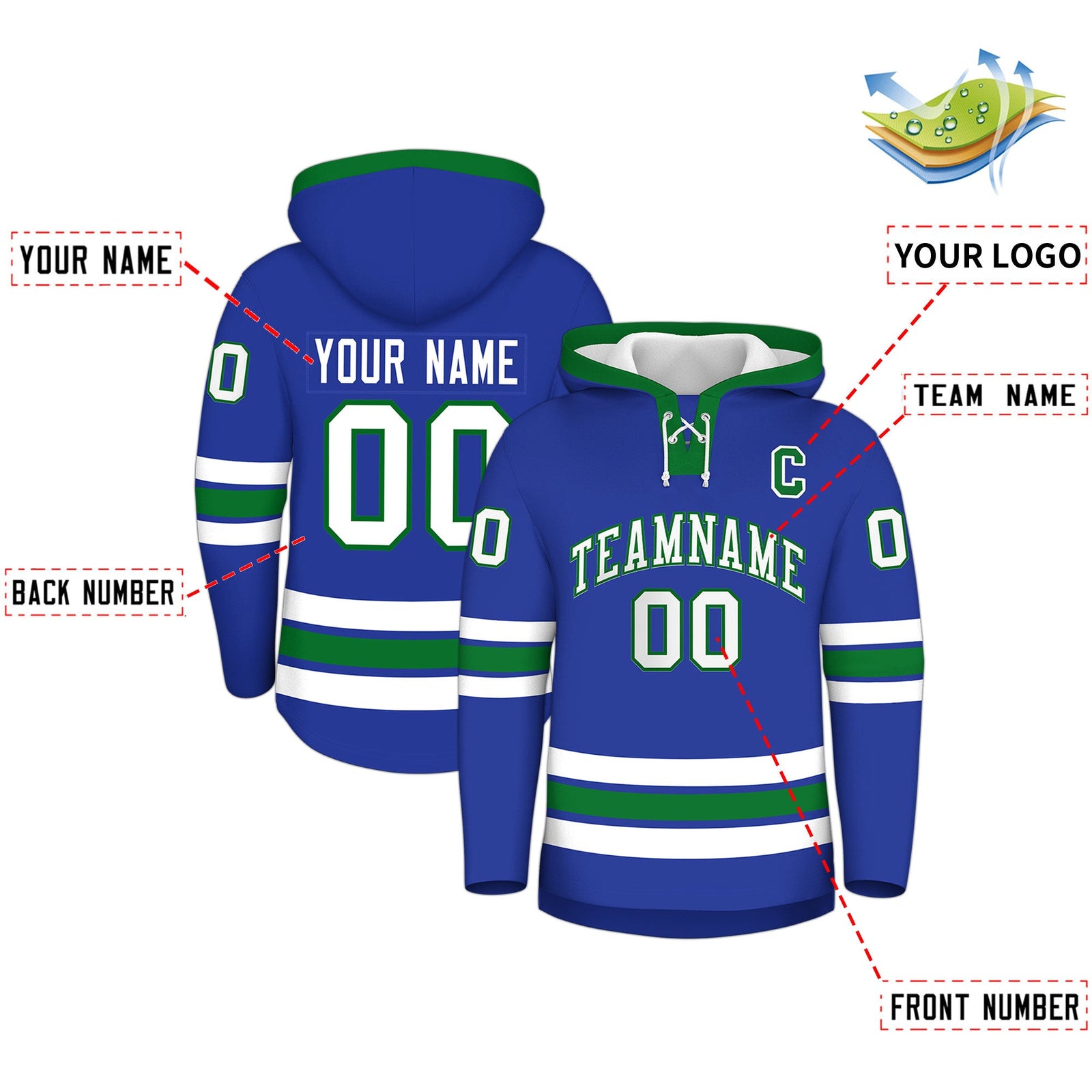 Custom Hockey Hoodie Jersey Royal Blue Kelly Green Classic Style for Men&Youth