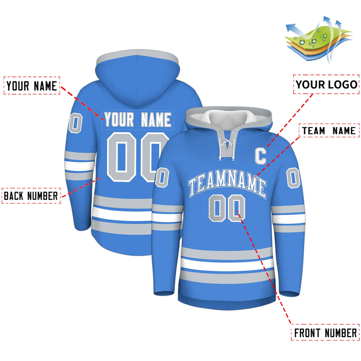 Custom Hockey Hoodie Jersey Powder Blue Silver Classic Style for Men&amp;Youth