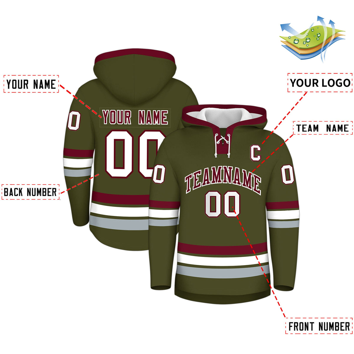 Custom Hockey Hoodie Jersey Olive Crimson Classic Style Add Name,Number&amp;Logo
