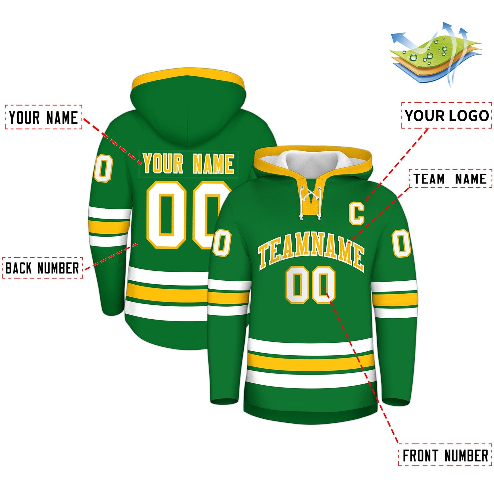 Custom Hockey Hoodie Jersey Kelly Green Gold Classic Style for Men&Youth