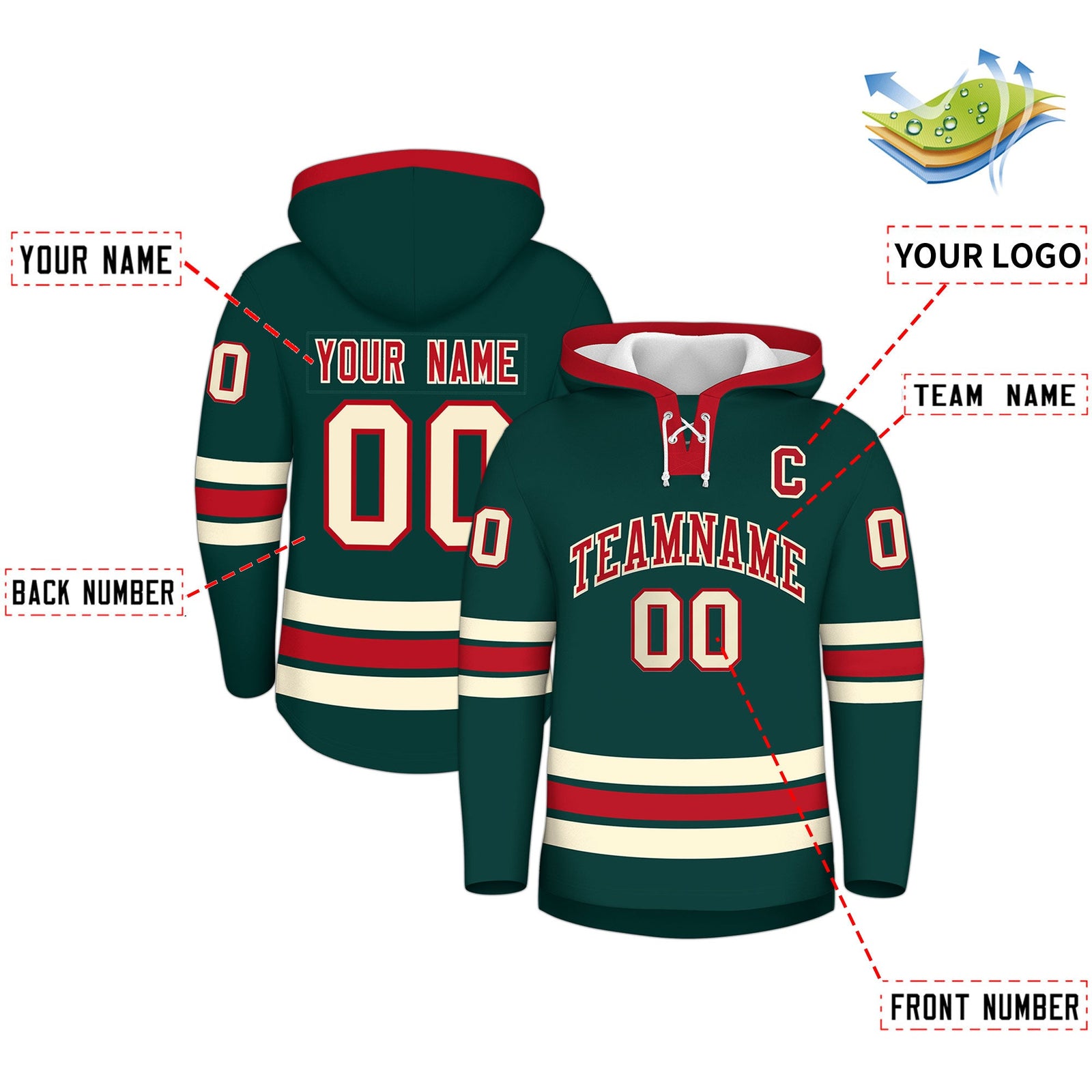Custom Hockey Hoodie Jersey Midnight Green Red Classic Style Add Name,Number&Logo