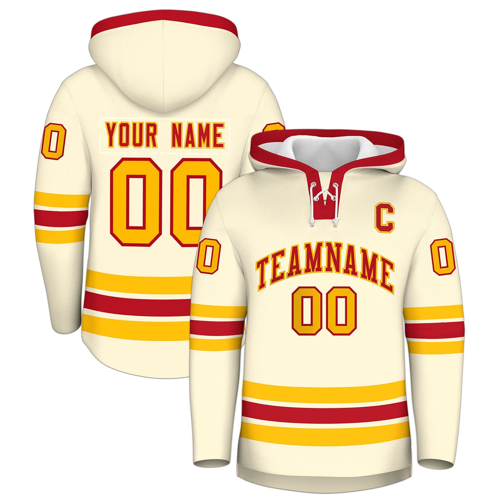Custom Hockey Hoodie Jersey Cream Red Classic Style Add Name,Number&Logo