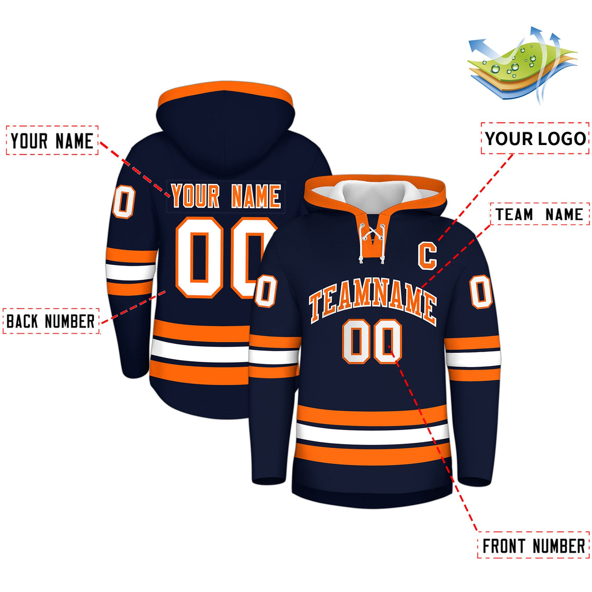 Custom Hockey Hoodie Jersey Navy Orange Classic Style for Men&amp;Youth