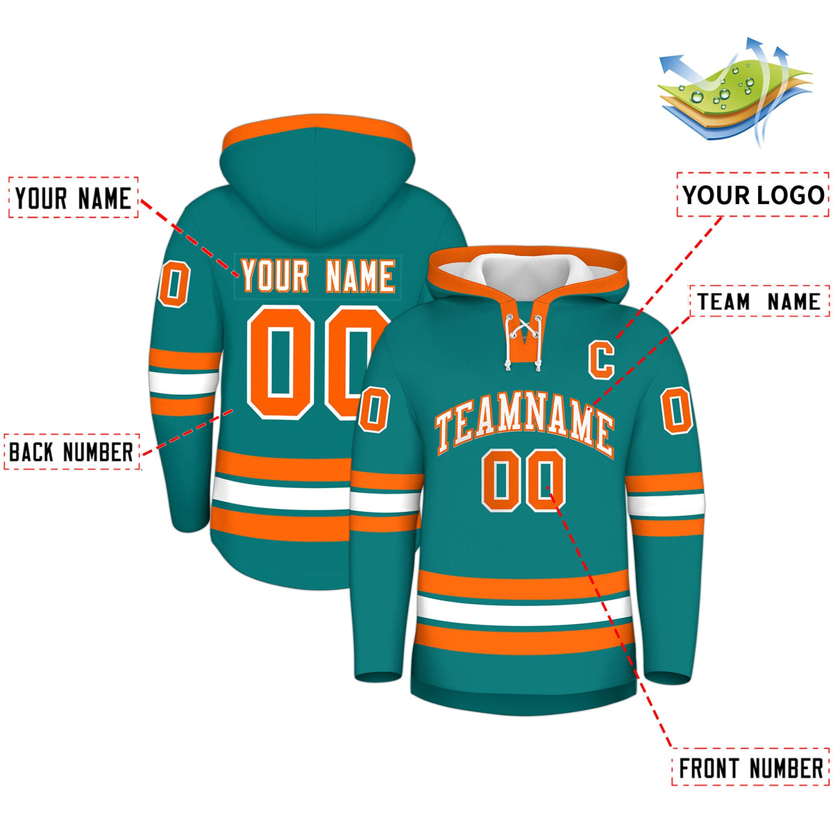 Custom Hockey Hoodie Jersey Teal Orange Classic Style Add Name,Number&amp;Logo