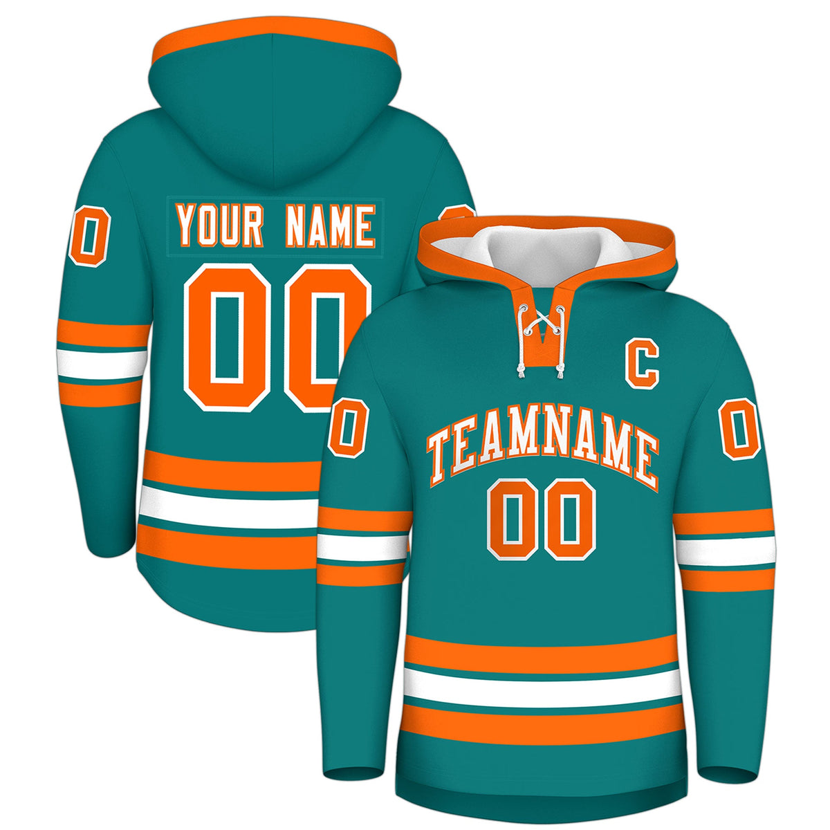 Custom Hockey Hoodie Jersey Teal Orange Classic Style Add Name,Number&amp;Logo