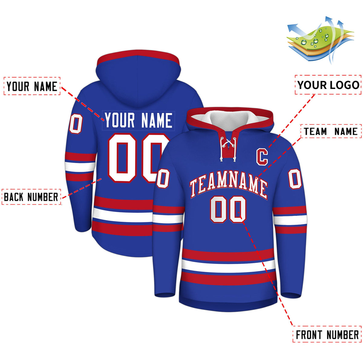 Custom Hockey Hoodie Jersey Royal Blue Red Classic Style Add Name,Number&amp;Logo