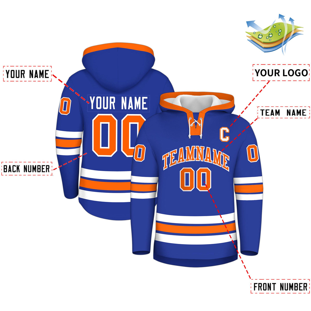 Custom Hockey Hoodie Jersey Royal Blue Orange Classic Style for Men&amp;Youth