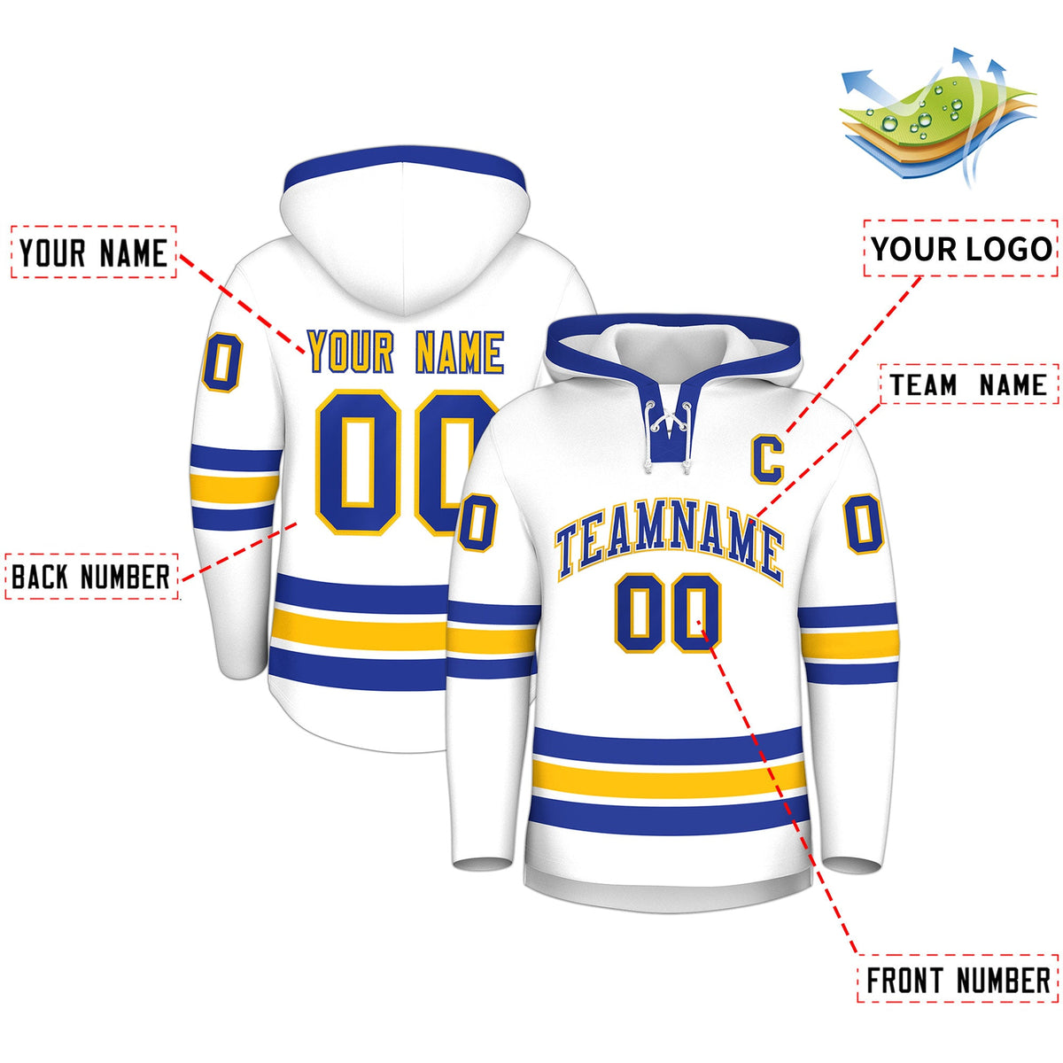 Custom Hockey Hoodie Jersey White Royal Blue Classic Style Add Name,Number &amp; Logo