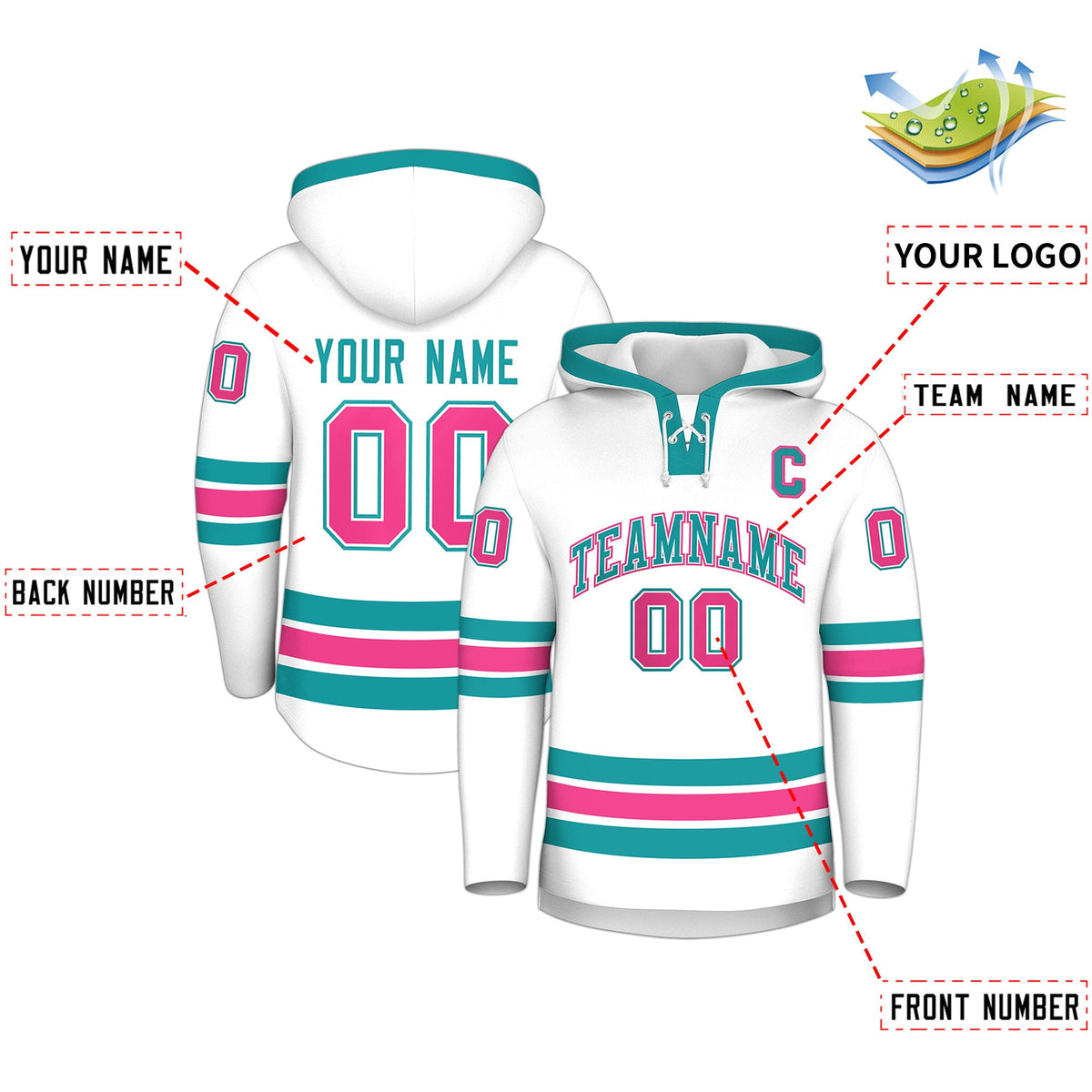 Custom Hockey Hoodie Jersey White Aqua Classic Style for Men&amp;Youth