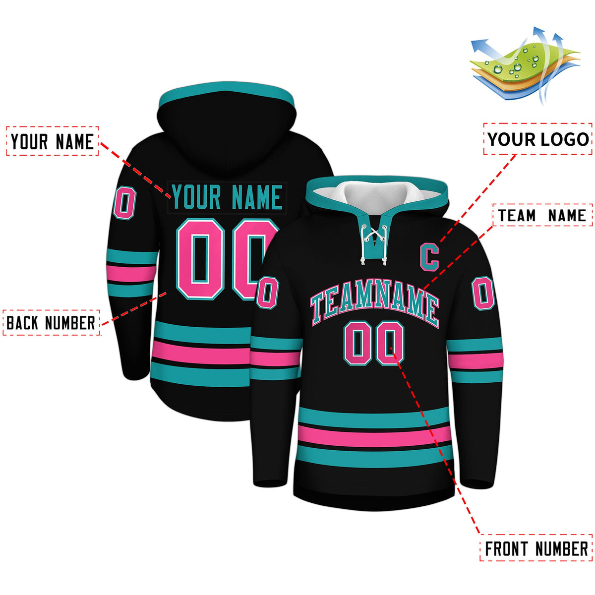 Custom Hockey Hoodie Jersey Black Aqua Classic Style Add Name,Number &amp; Logo
