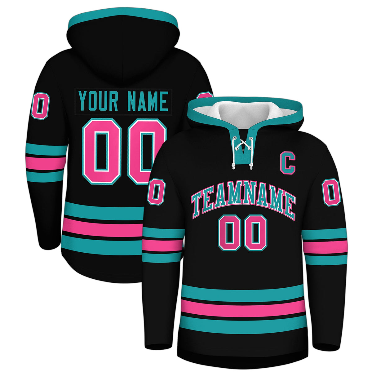 Custom Hockey Hoodie Jersey Black Aqua Classic Style Add Name,Number &amp; Logo