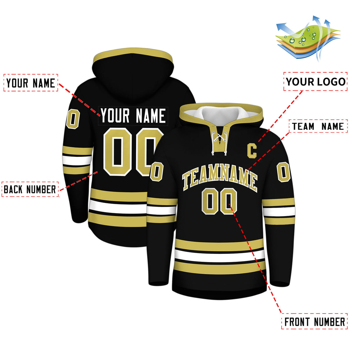 Custom Hockey Hoodie Jersey Black Old Gold Classic Style for Men&amp;Youth